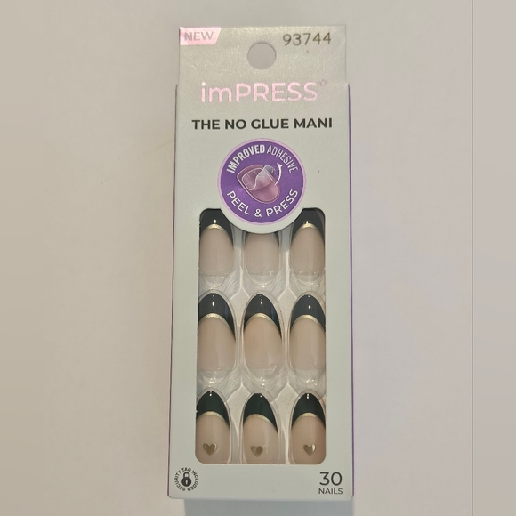 NWT imPRESS Press-On Nails Medium Almond French Black Gold Pink Heart - Picture 2 of 7